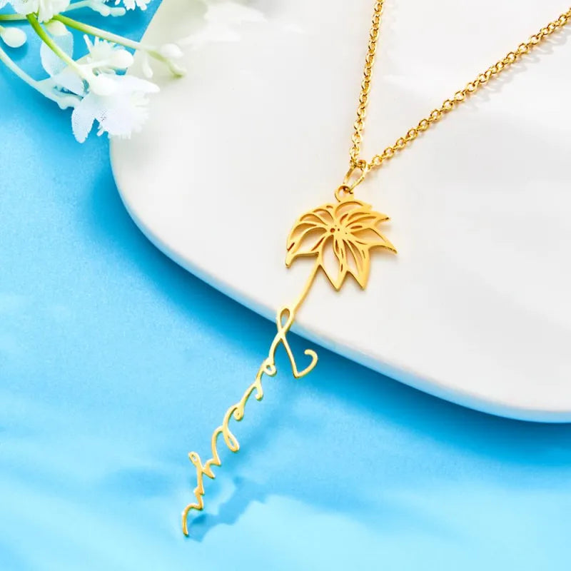 Custom Name Birth Flower Necklace Dainty Jewelry Floral Pendant Birthday Gift