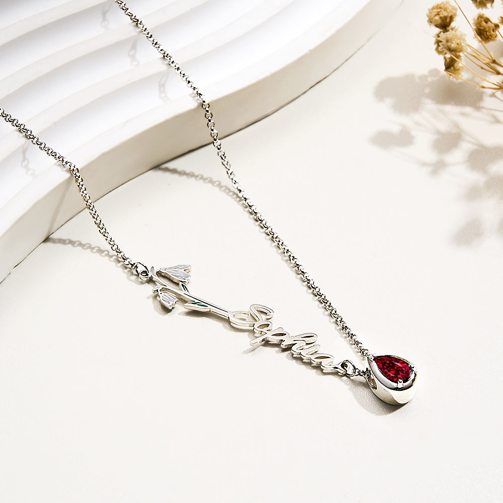 Personalized Birth Flower Birthstone Necklace with Name Necklace Jewelry Gift for Her