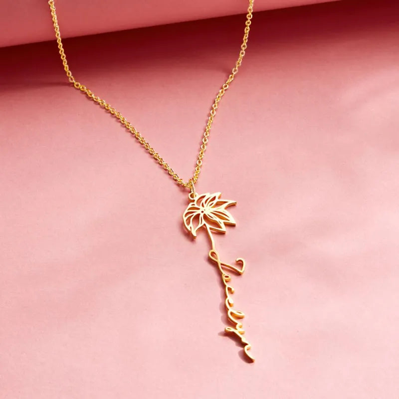 Custom Name Birth Flower Necklace Dainty Jewelry Floral Pendant Birthday Gift
