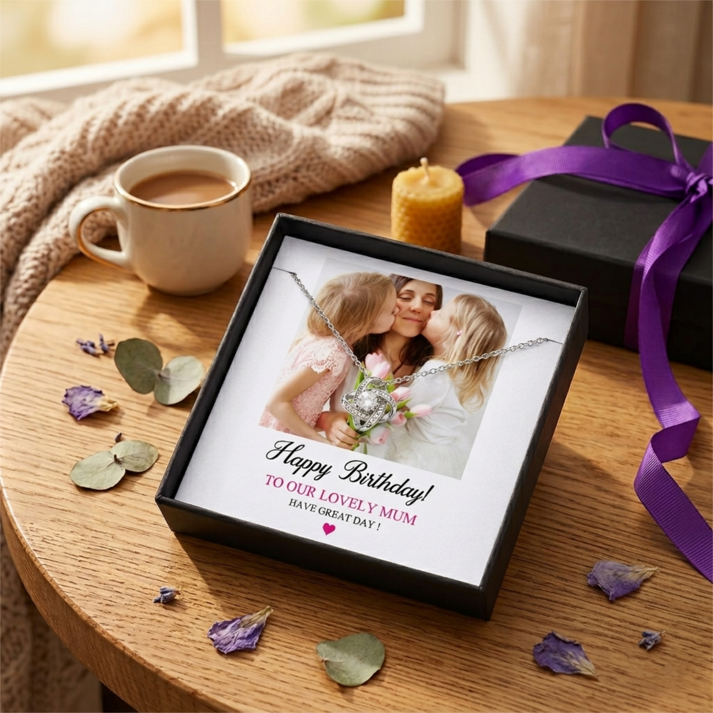 Cubic Zirconia Four Leaf Clover Necklace with Photo Message Card Personalized Birthday Gift for Mum