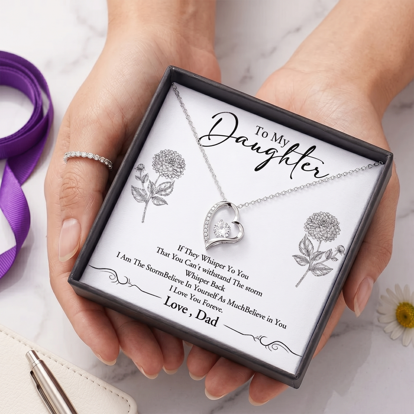Custom Birth Flower Message Card with Heart Necklace Personalized Jewelry Birthday Gift for Daughter