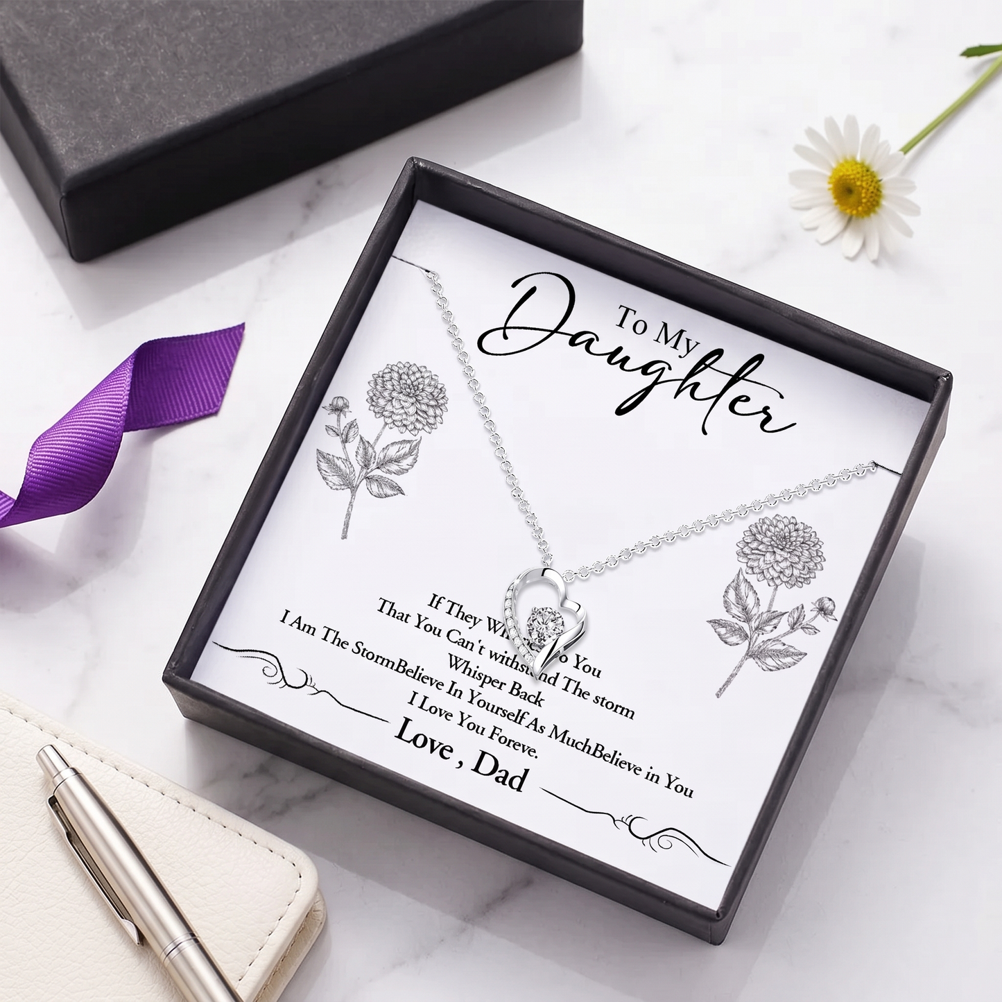 Custom Birth Flower Message Card with Heart Necklace Personalized Jewelry Birthday Gift for Daughter
