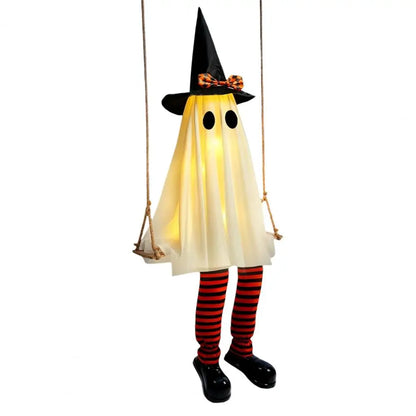 Halloween Porch Decor Glowing Swinging Ghost Prop Halloween Hanging Swing Ghost Decoration with Witch Hat Light-up for Yard