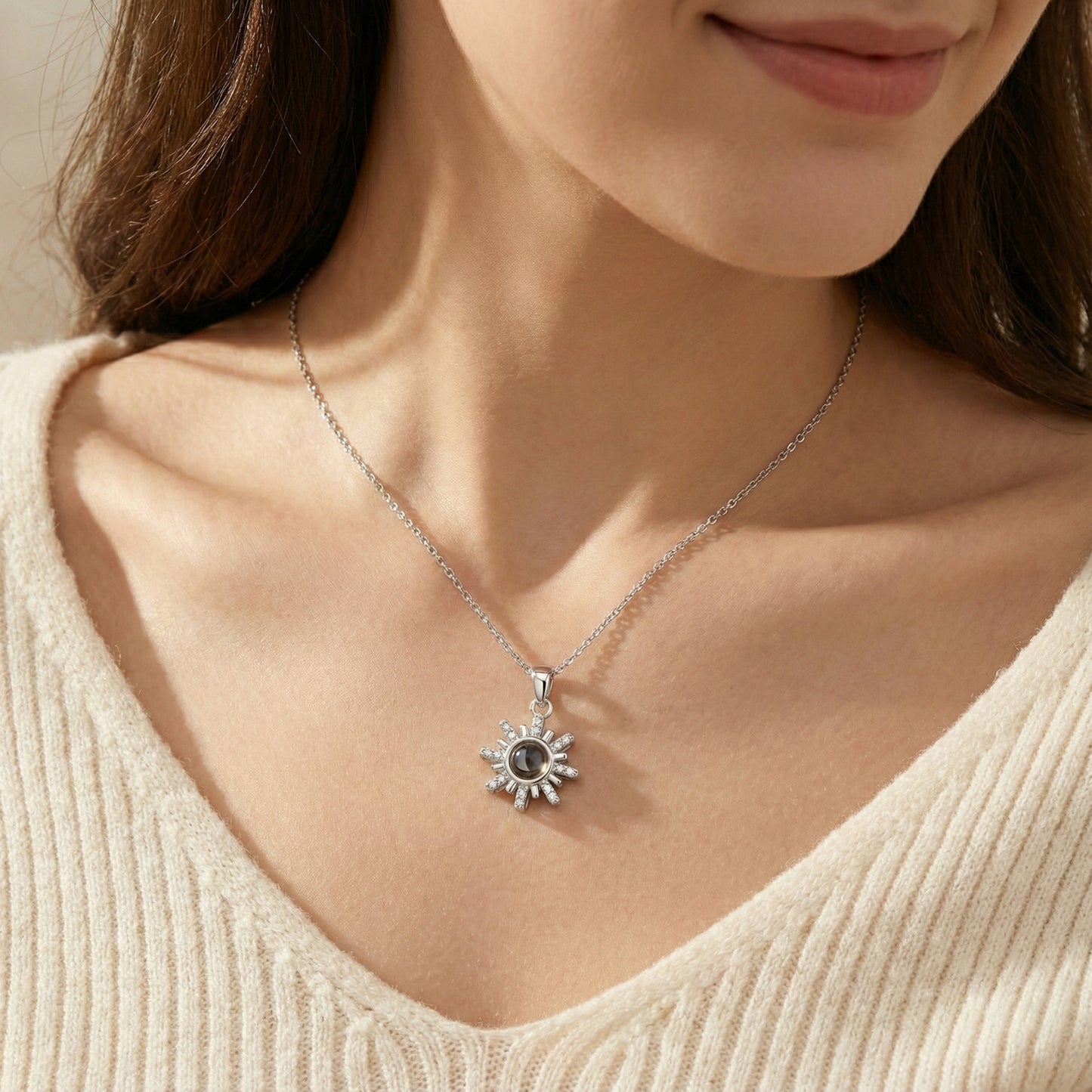 Sparkling Sunflower Photo Projection Necklace – Custom "You Are My Sunshine" Pendant – Unique Crystal Gift for Mom, Best Friend & Daughter