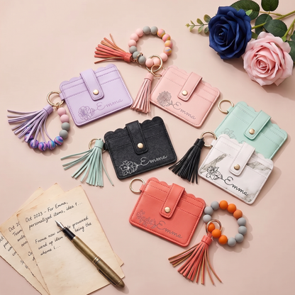Personalized Birth Flower PU Leather Wallet with Beaded Bracelet Wallet Gift for Her