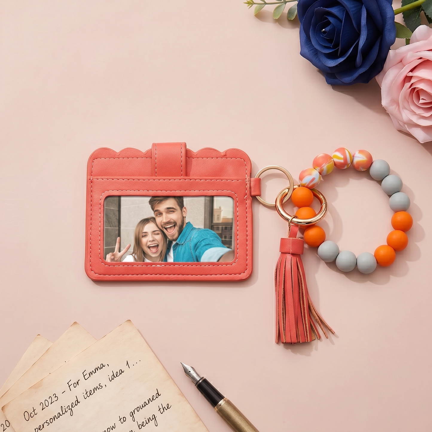 Personalized Birth Flower PU Leather Wallet with Beaded Bracelet Wallet Gift for Her