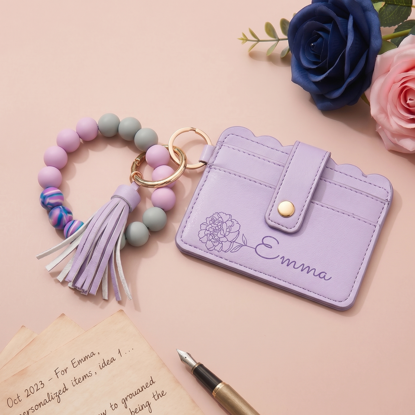 Personalized Birth Flower PU Leather Wallet with Beaded Bracelet Wallet Gift for Her