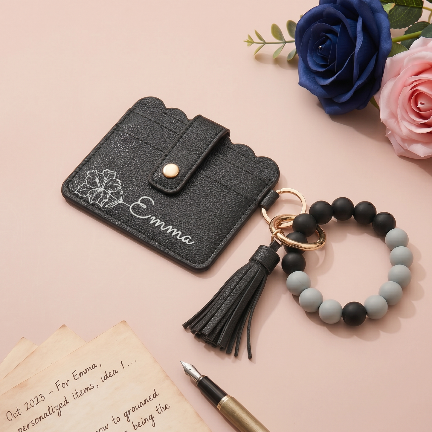 Personalized Birth Flower PU Leather Wallet with Beaded Bracelet Wallet Gift for Her