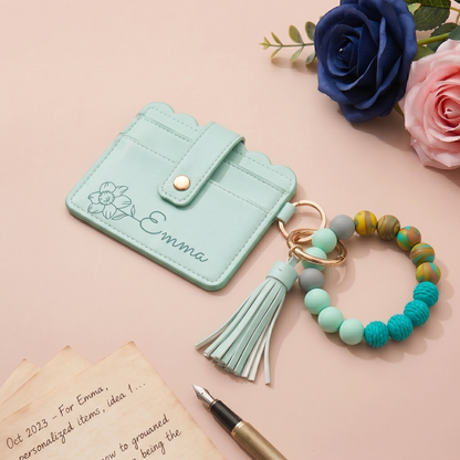 Personalized Birth Flower PU Leather Wallet with Beaded Bracelet Wallet Gift for Her