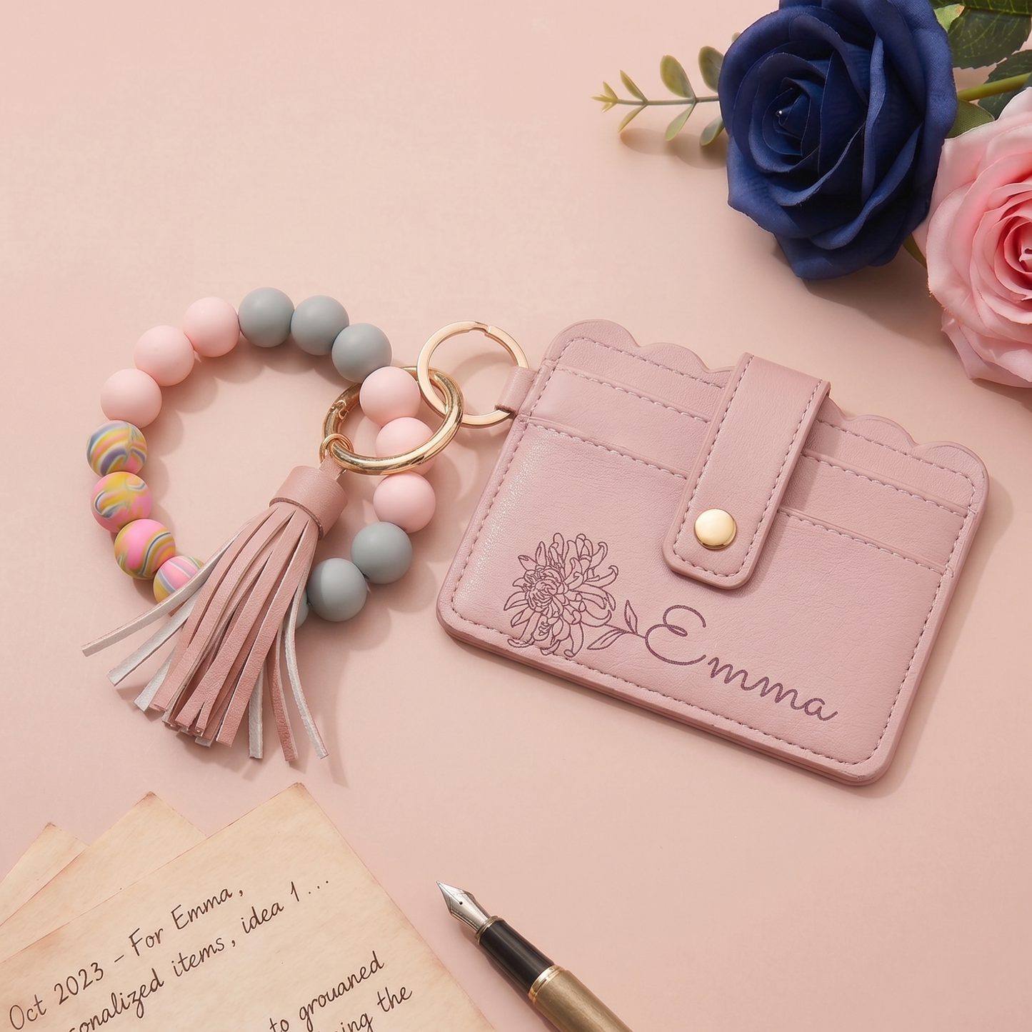 Personalized Birth Flower PU Leather Wallet with Beaded Bracelet Wallet Gift for Her