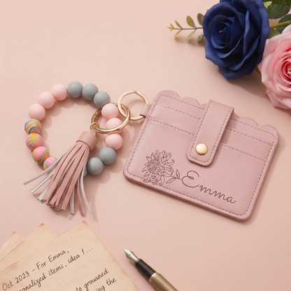 Personalized Birth Flower PU Leather Wallet with Beaded Bracelet Wallet Gift for Her