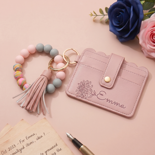 Personalized Birth Flower PU Leather Wallet with Beaded Bracelet Wallet Gift for Her