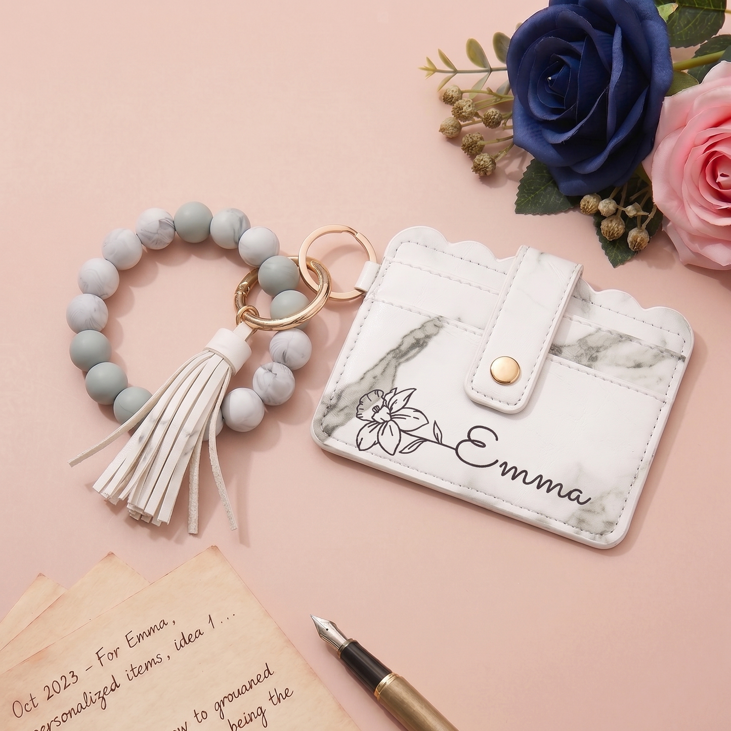 Personalized Birth Flower PU Leather Wallet with Beaded Bracelet Wallet Gift for Her