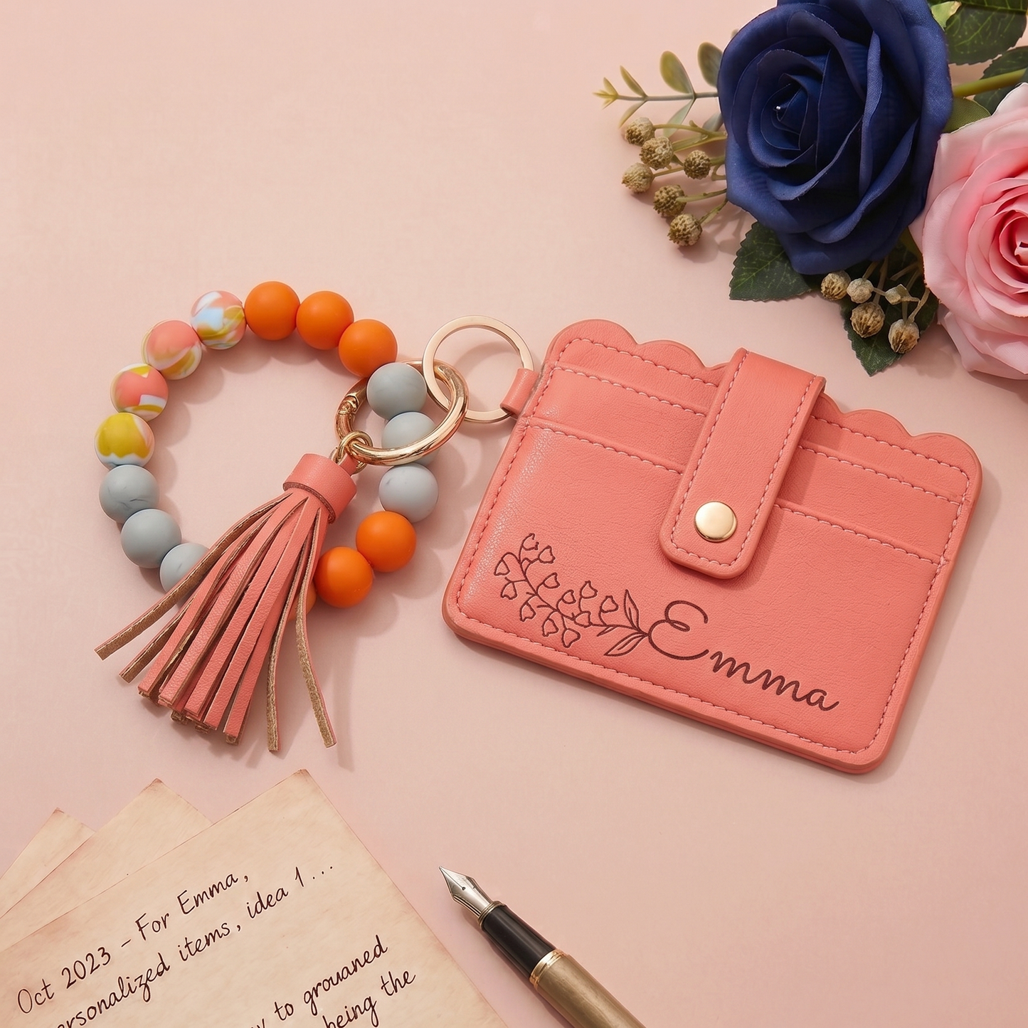 Personalized Birth Flower PU Leather Wallet with Beaded Bracelet Wallet Gift for Her