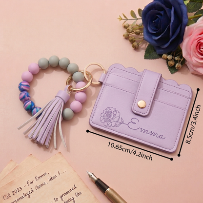 Personalized Birth Flower PU Leather Wallet with Beaded Bracelet Wallet Gift for Her