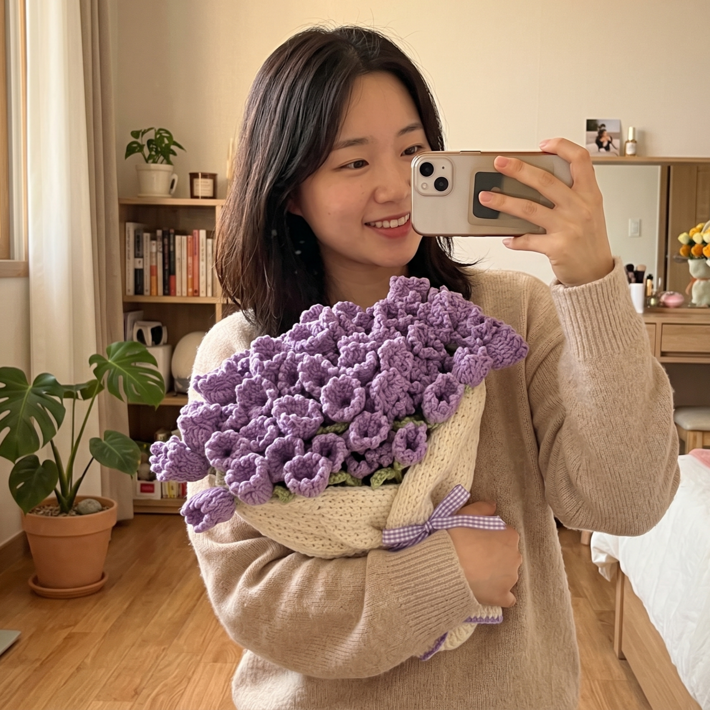 Custom Name Hand-Knitted Rose Blanket Ready-Made Gift for Mother's Day 80cm - 150cm