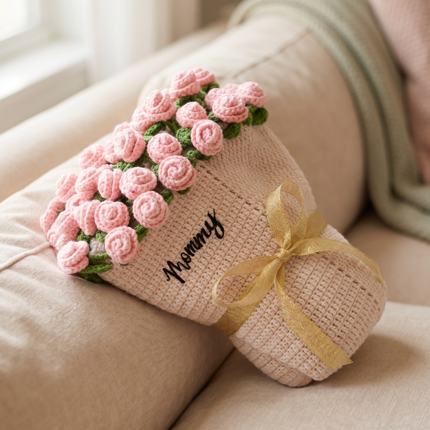 Custom Name Hand-Knitted Rose Blanket Ready-Made Gift for Mother's Day 80cm - 150cm