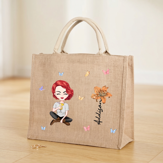 Personalized Cartoon Women Girl Birth Flower Grandma's Garden Jute Tote Bag with Name Wedding Birthday