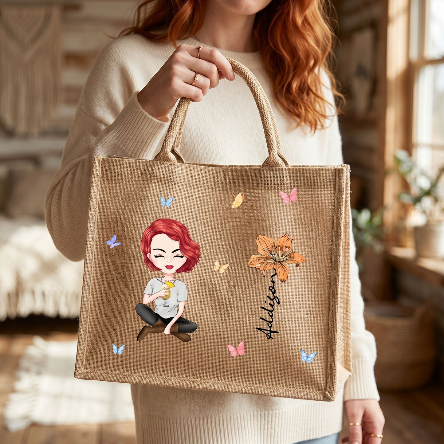 Personalized Cartoon Women Girl Birth Flower Grandma's Garden Jute Tote Bag with Name Wedding Birthday