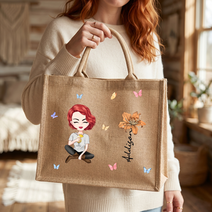 Personalized Cartoon Women Girl Birth Flower Grandma's Garden Jute Tote Bag with Name Wedding Birthday