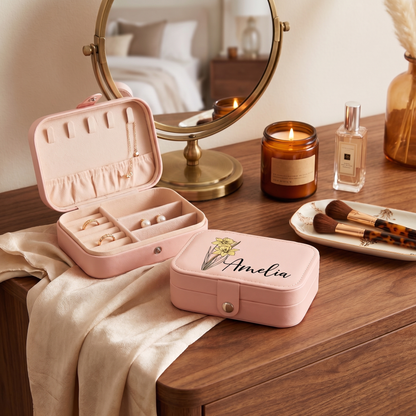 Personalized Birth Flower Leather Travel Jewelry Box with Name Waterproof Multiple Compartments Birthday