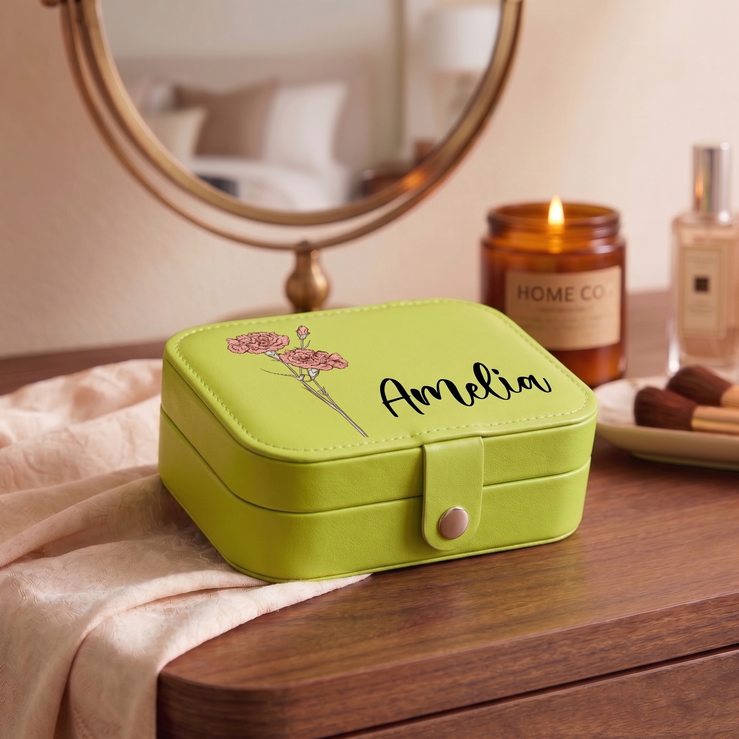 Personalized Birth Flower Leather Travel Jewelry Box with Name Waterproof Multiple Compartments Birthday