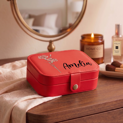 Personalized Birth Flower Leather Travel Jewelry Box with Name Waterproof Multiple Compartments Birthday