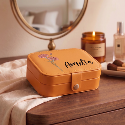 Personalized Birth Flower Leather Travel Jewelry Box with Name Waterproof Multiple Compartments Birthday