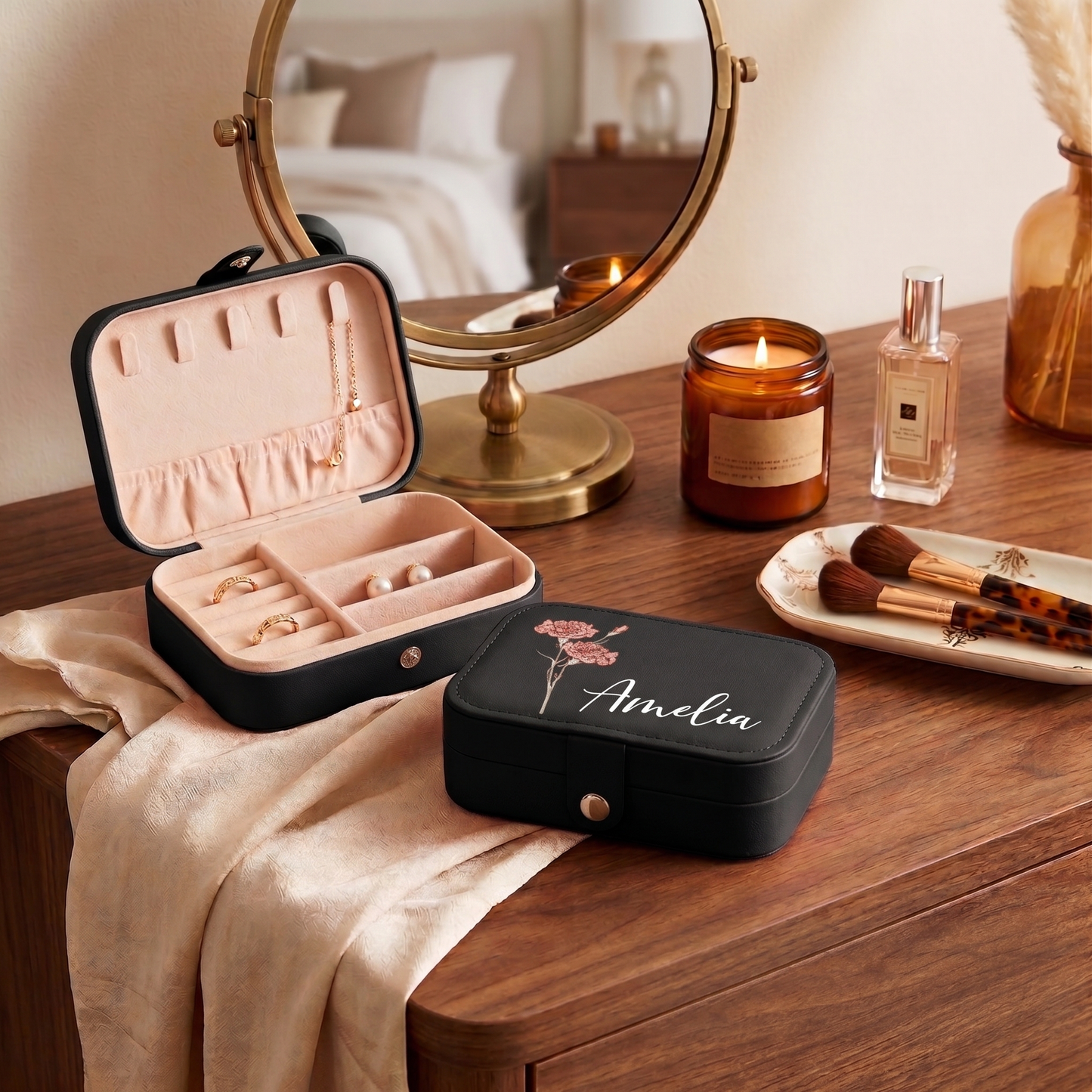 Personalized Birth Flower Leather Travel Jewelry Box with Name Waterproof Multiple Compartments Birthday