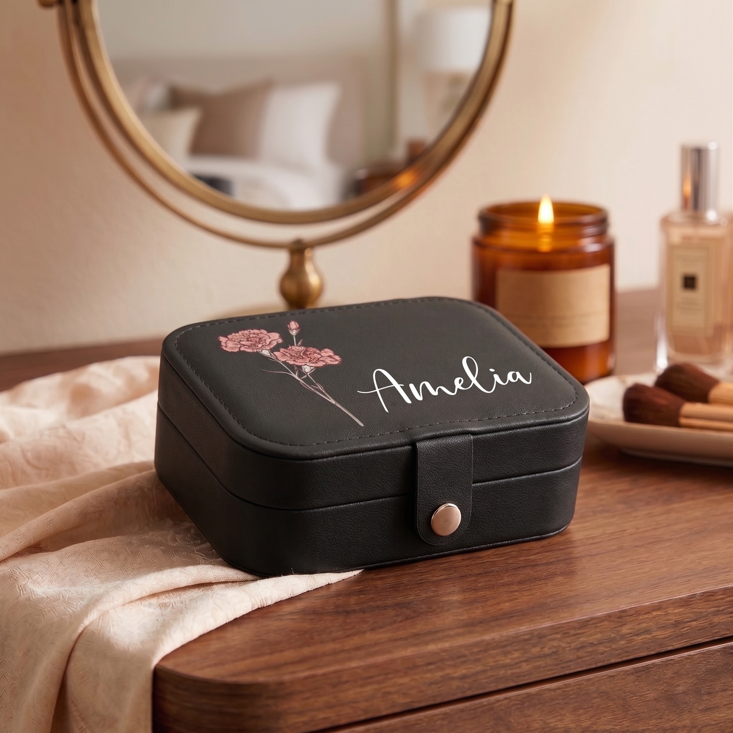 Personalized Birth Flower Leather Travel Jewelry Box with Name Waterproof Multiple Compartments Birthday