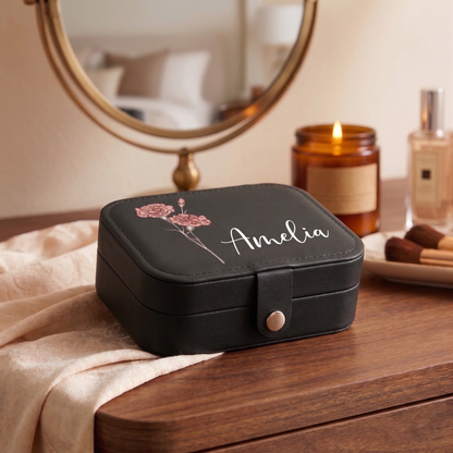 Personalized Birth Flower Leather Travel Jewelry Box with Name Waterproof Multiple Compartments Birthday
