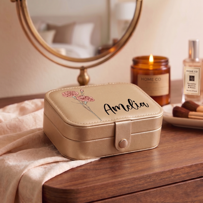 Personalized Birth Flower Leather Travel Jewelry Box with Name Waterproof Multiple Compartments Birthday