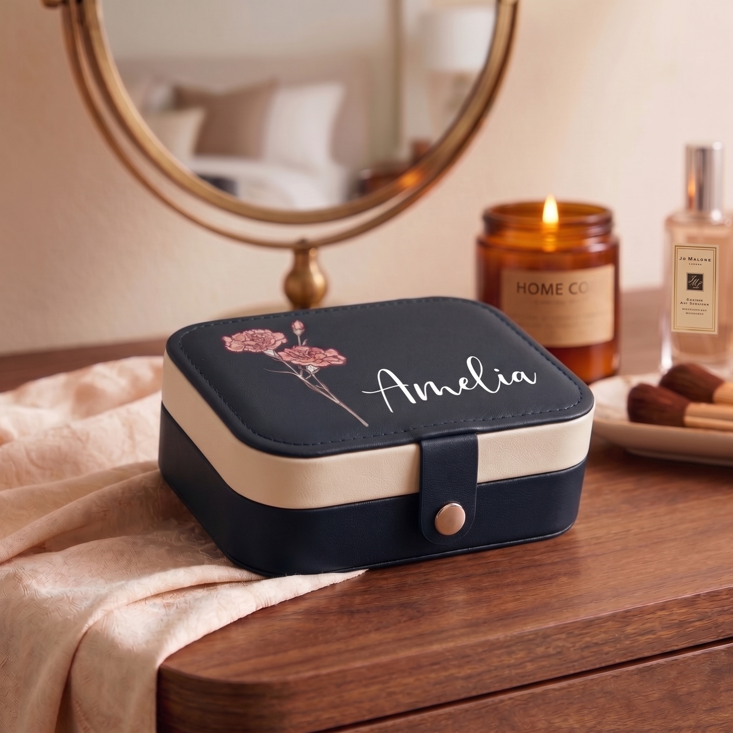 Personalized Birth Flower Leather Travel Jewelry Box with Name Waterproof Multiple Compartments Birthday