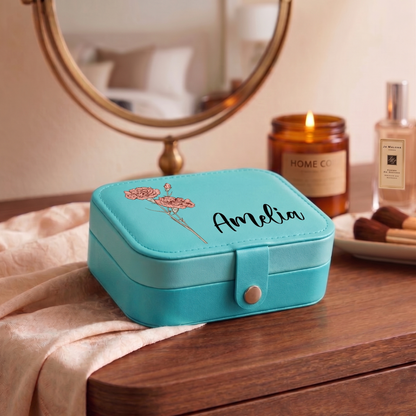 Personalized Birth Flower Leather Travel Jewelry Box with Name Waterproof Multiple Compartments Birthday