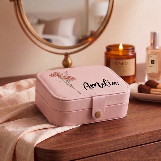 Personalized Birth Flower Leather Travel Jewelry Box with Name Waterproof Multiple Compartments Birthday