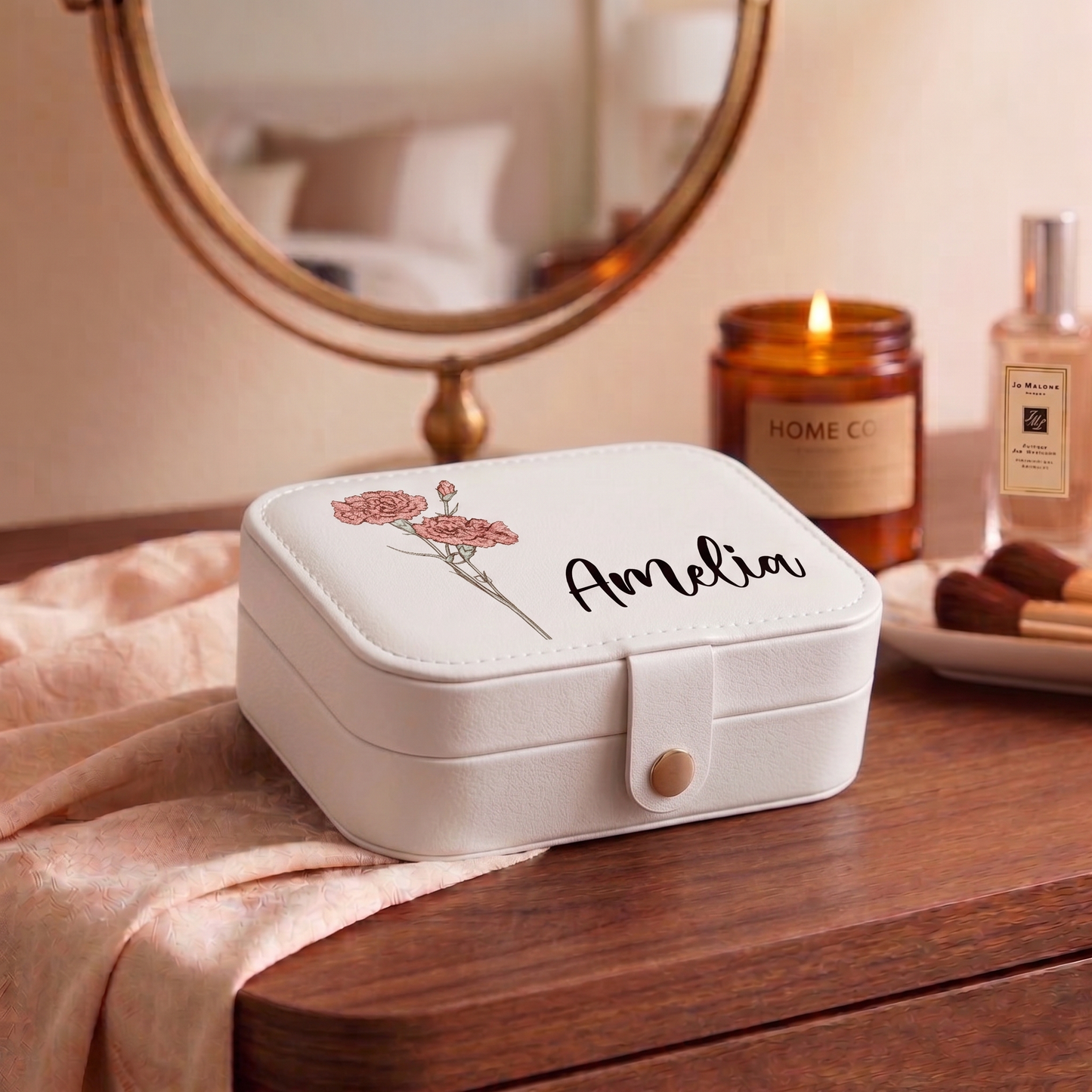 Personalized Birth Flower Leather Travel Jewelry Box with Name Waterproof Multiple Compartments Birthday