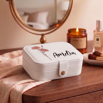 Personalized Birth Flower Leather Travel Jewelry Box with Name Waterproof Multiple Compartments Birthday