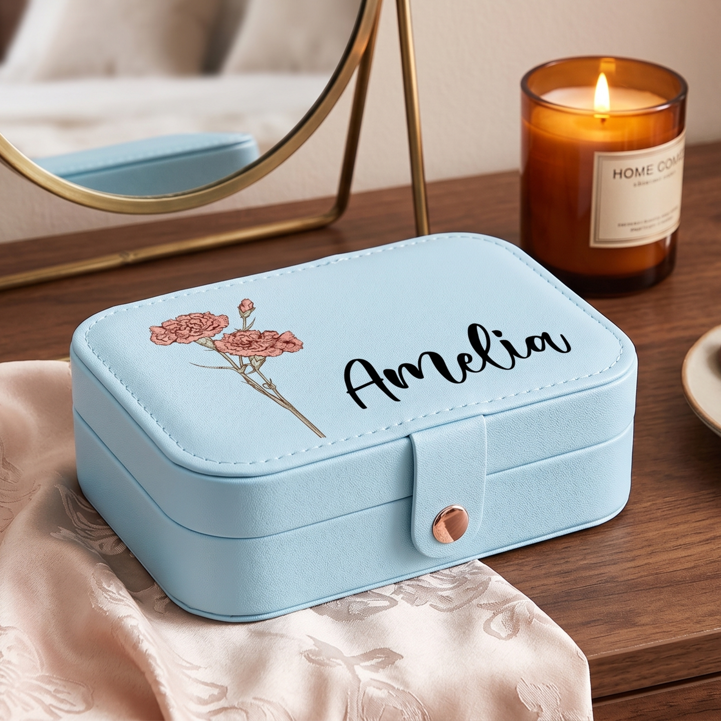 Personalized Birth Flower Leather Travel Jewelry Box with Name Waterproof Multiple Compartments Birthday